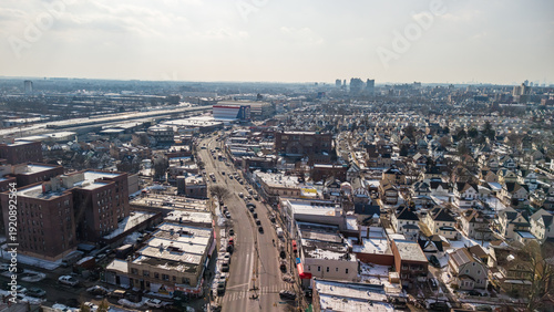 Fotografie Aerial view capturing the residential and commercial areas of hollis, queens, co
