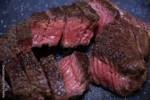 Juicy medium rare beef steak sliced close up on plate