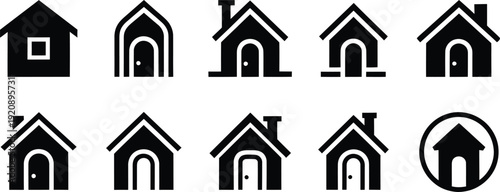 Minimalist house icon set, 10 black home vector symbols, real estate and residential building silhouettes for web interface and app design
