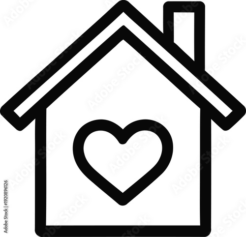 Minimalist house icon with heart, black line art home symbol, real estate love and family housing concept, simple building vector illustration