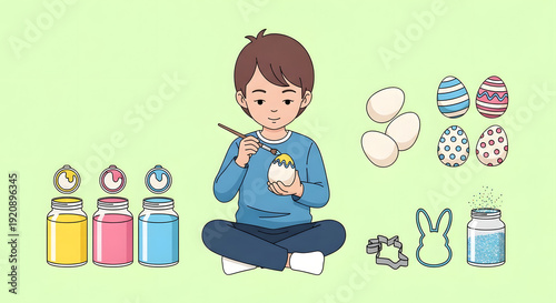 Boy painting Easter egg with jars of paint and cookie cutters