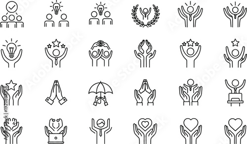 Business people and support icons set, line art symbols for teamwork, leadership, insurance, and customer service for corporate marketing designs.