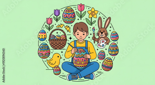 Child painting egg surrounded by Easter elements