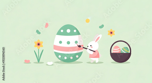 Cute bunny painting a large Easter egg with flowers