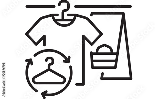 Laundry icon with hanging t-shirt on hanger, wardrobe closet rail and basket, clothing rotation arrows symbol for dry cleaning service, washing care and organization line