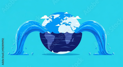 Stylized illustration showing the planet Earth with streams of water gushing out, symbolizing a global water crisis, resource depletion, and environmental vulnerability