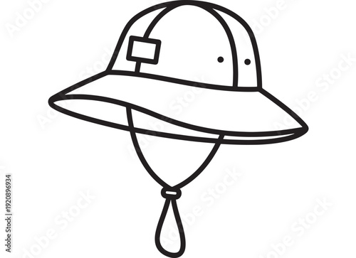 Hat safari pith helmet line icon with chin strap, minimal outline illustration for tropical travel, explorer gear, outdoor adventure, camping, hiking and sun protection