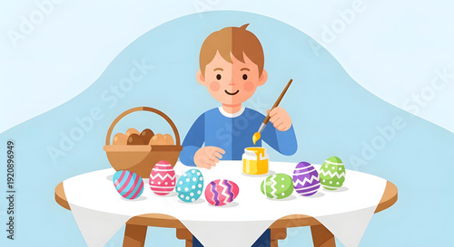 Boy decorating Easter eggs with paint and basket of eggs