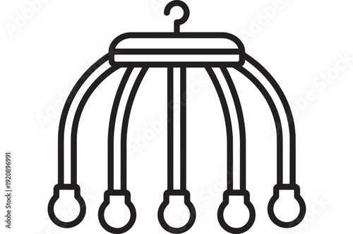 Chandelier ceiling lamp icon with hanging bulbs, simple black outline pictogram for interior lighting concept, modern pendant fixture symbol isolated on white background