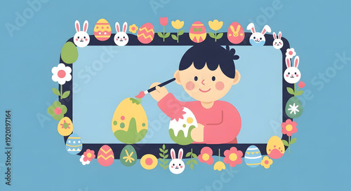 Boy painting Easter egg within decorative floral border