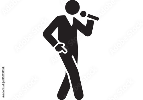 Singer holding microphone icon with standing performer silhouette, karaoke and concert symbol, black pictogram on white background for music event signage and UI