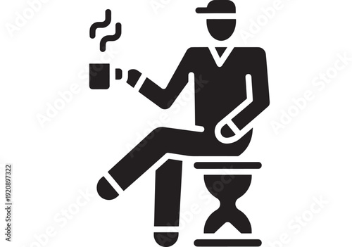 Man sitting icon with coffee cup and steam, relaxed pose and hat silhouette, minimalist black pictogram for break time, leisure, cafe, and lifestyle signage