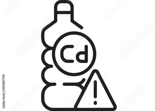 Medicine bottle icon with controlled drug Cd label and warning triangle alert symbol, thin line outline pictogram for pharmacy regulation, prescription safety and healthcare