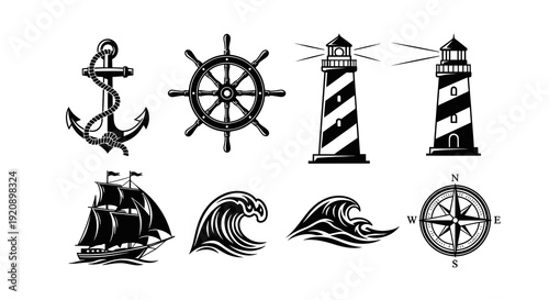 Nautical Sea Symbols Black  White Line Art Glyph Icons Collection