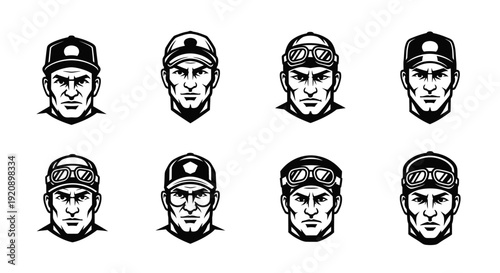 Black and White Vector Graphic Male Character Heads Collection: Sports, Worker  Racing Mascots
