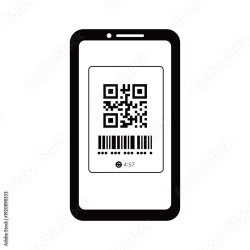 モノクロデザインのスマホ決済画面イラスト | QRコード・バーコード・キャッシュレス支払い・モバイルアプリ