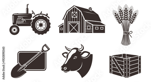 Monochromatic Agriculture Farm Glyphs: Tractor, Barn, Wheat, Cow, Shovel  Crate Vector Icons
