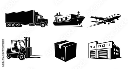 Transportation Logistics Black White Vector Icons Set - Truck, Ship, Plane, Forklift, Warehouse