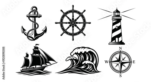 Nautical Vector Icons: Anchor, Ship, Lighthouse, Compass, Wheel, Wave - BW