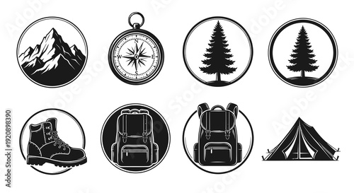 Black and White Outdoor Adventure  Camping Icons Set - Mountain, Compass, Tree, Boot, Backpack, Tent