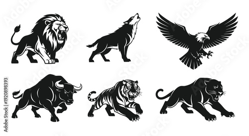 Black  White Stylized Powerful Animals Vector Illustrations: Lion, Wolf, Eagle, Bull, Tiger, Panther