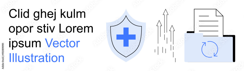 Obraz premium Cybersecurity, data safety, healthcare security, digital protection, information sharing, backup. Shield with cross, arrows and rotating document icon. Cybersecurity and data protection concept