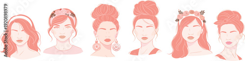 Elegant Female Faces Line Art Vector Set with Floral Hairstyles and Beauty Portrait Illustrations