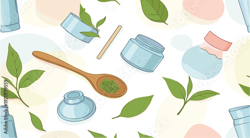 Natural Skincare and Herbal Cosmetic Seamless Pattern Vector with Leaves, Cream Jars and Wooden Spoon