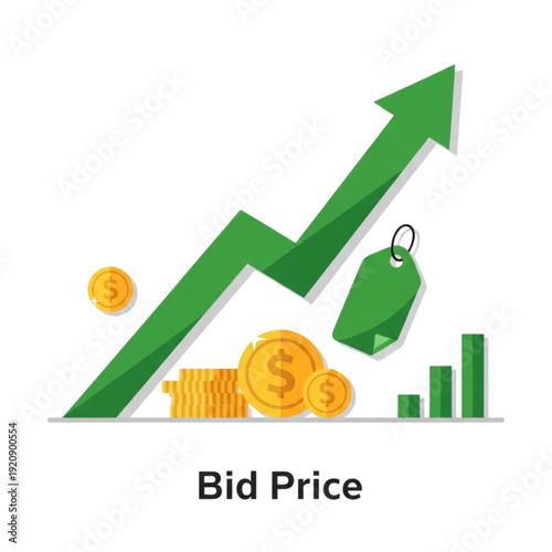 Increasing bid price with green arrow isolated on transparent background.