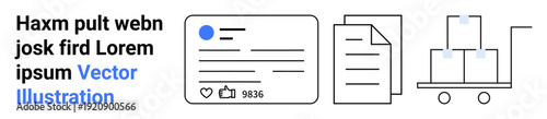 Digital workflow, communication, logistics, social networks, supply chain, office tasks. Minimal line icons of a profile card, documents and boxes on a cart. Digital workflow and logistics concept