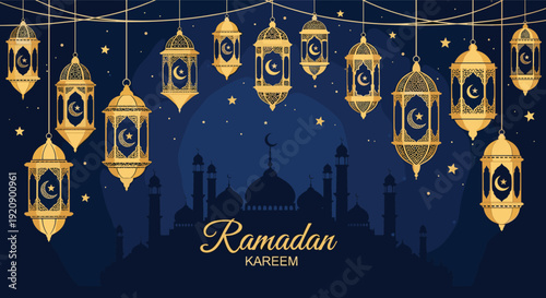 Eid Mubarak luxury greeting background with golden lanterns, ornate Arabic patterns, crescent moon, and floral ornaments on dark blue backdrop.