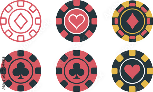 Casino Poker Chip Icon Set with Card Suits