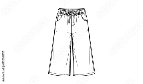 Children wide leg jeans technical flat sketch with drawstring