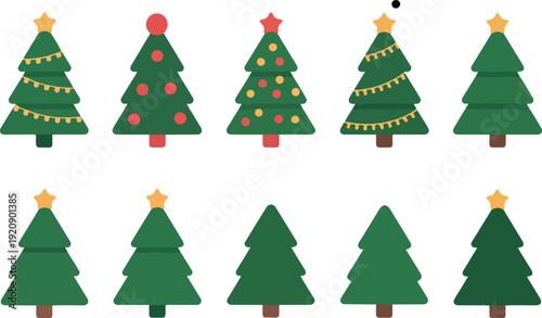  Christmas Tree Decoration Icon Set Ornaments, Stars, and Holiday Lights