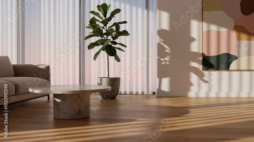 Sunlit modern living room with beige sofa, marble coffee table, and indoor fiddle leaf fig, calm minimalist decor for home staging, cozy morning mood