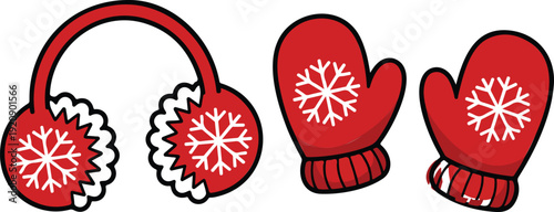 Winter Accessories Icon Set  Earmuffs, Mittens, and Snowflake Details