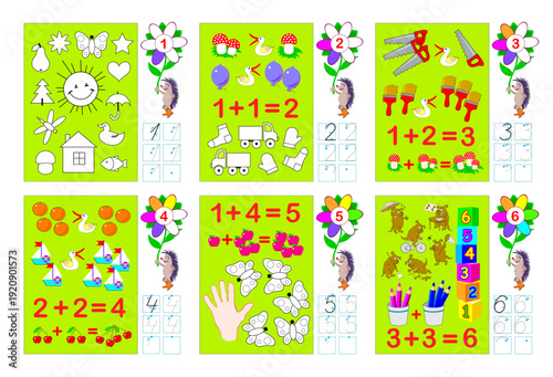 Set of educational worksheets for kids. Learn and draw numbers. Count from 1 to 6. Coloring book. Mathematical education for children. Activity sheets. Hand drawn vector. IQ test. Logic game.