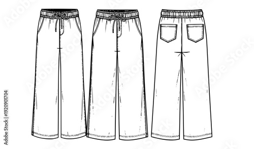 Girls wide leg denim trouser technical vector drawing