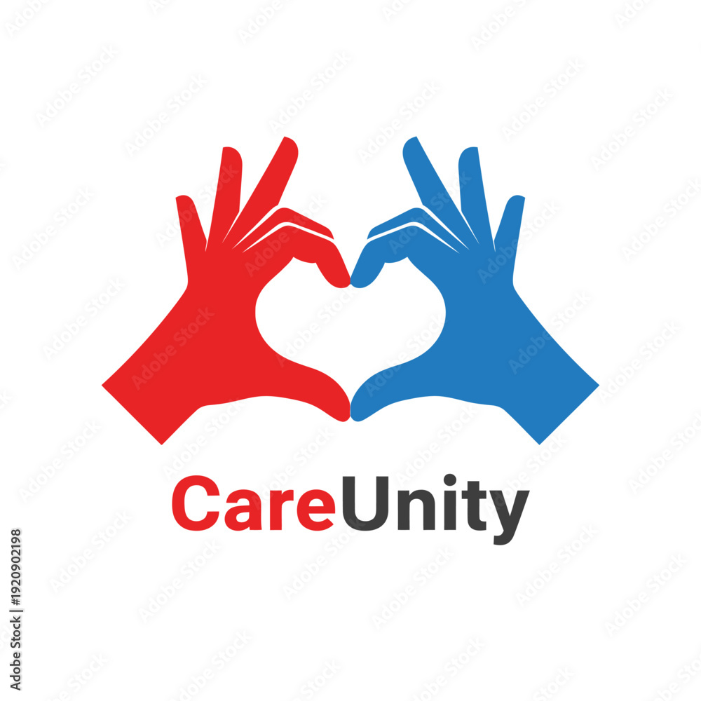 Fototapeta premium Stylized emblem featuring a heart formed by red and blue hands, text below