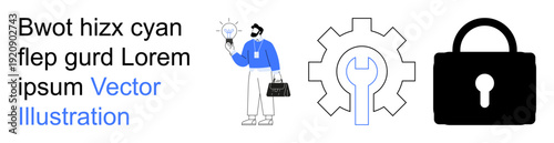 Innovation, technical support, cybersecurity, technology, problem-solving, creative ideas. Person holding a lightbulb, gear and wrench icon lock symbol. Innovation and technical support concept