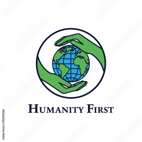 Symbol of a world globe held within hands, enclosed by a circle, with a declaration of humanity's priority