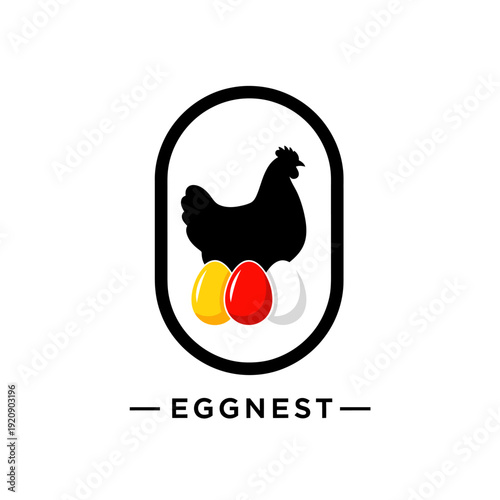 Stylized hen illustration with eggs, enclosed in a black oval, and below, the word EGNEST