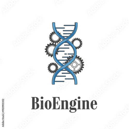 A logo illustrating the intersection of biology and engineering, with DNA and gears in a blue and black design