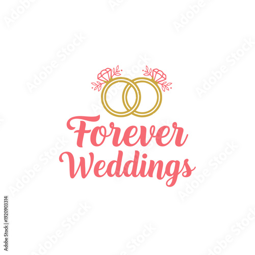 A wedding-themed logo with two interlocking gold rings above pink text reading "Forever Weddings
