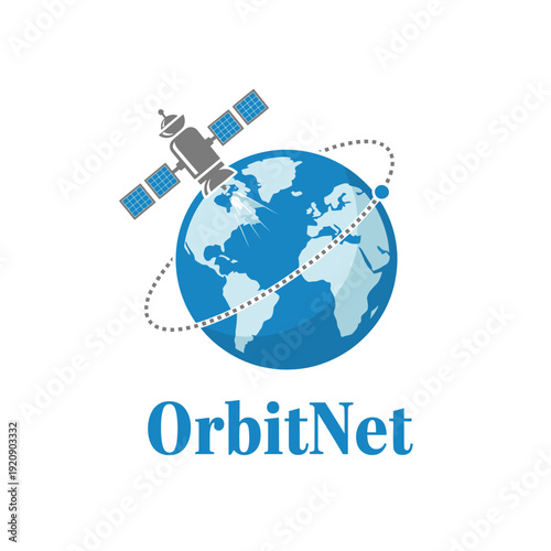 A satellite orbits the Earth, connecting the world with dotted lines. It's a blue and grey design