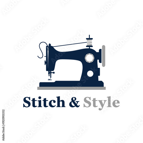 A dark blue vintage sewing machine illustration with text beneath on a white background