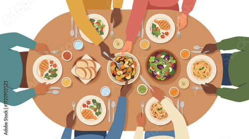 Home Dinner Table Top View – Warm Family Meal Illustration