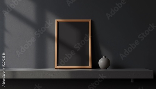 Vertical wooden photo frame mockup on dark paneled wall shelf 
