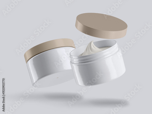 Floating cosmetic cream jar mockup with beige lid, showing open container with cream texture inside. Minimal skincare packaging design, unbranded beauty product 