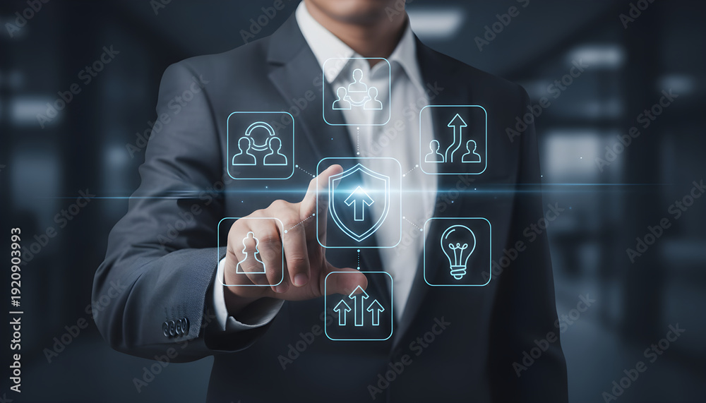 Naklejka premium Businessman touches digital shield and team icons on futuristic interface technology security